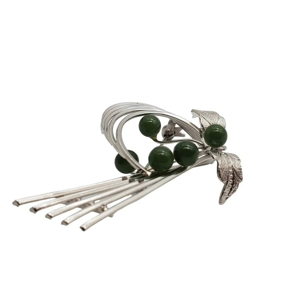 Abstract Brooch Silver Tone Green Jade Style Textured Leaf Spray MCM Pin Vintage